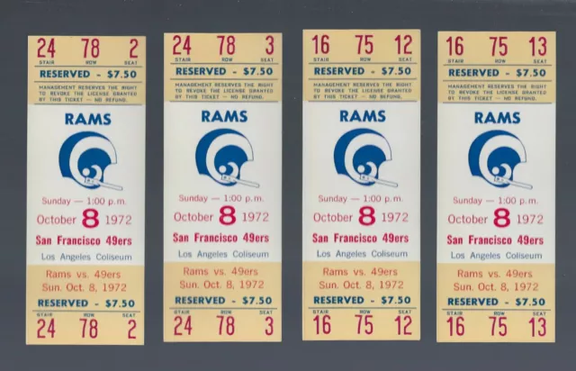 Vintage 1972 Nfl San Francisco 49Ers @ Los Angeles Rams Full Football Tickets