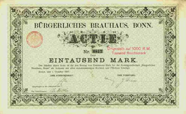 Bürgerliches Brauhaus Bonn 1897 Kurfürsten Bräu Adler Köln Radeberger 1000 Mark