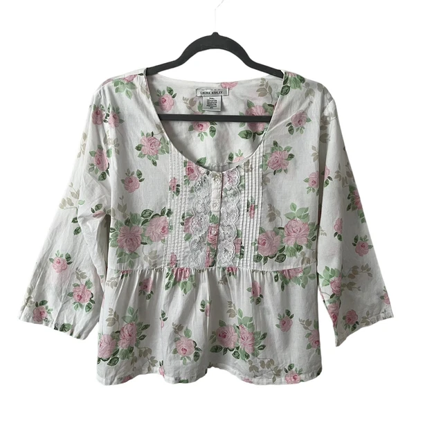 Laura Ashley Size Small Top Vintage 90s Pink Floral Cotton Babydoll Cottagecore