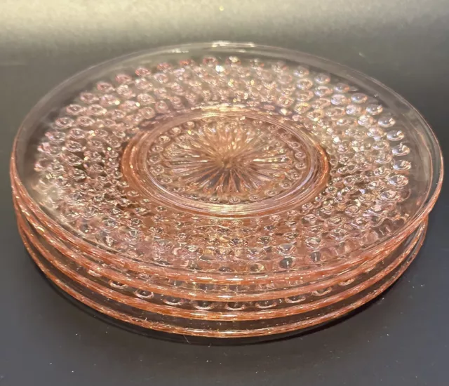 4 VTG Pink Anchor Hocking Hobnail Depression Glass Plates Salad Dessert MCM USA