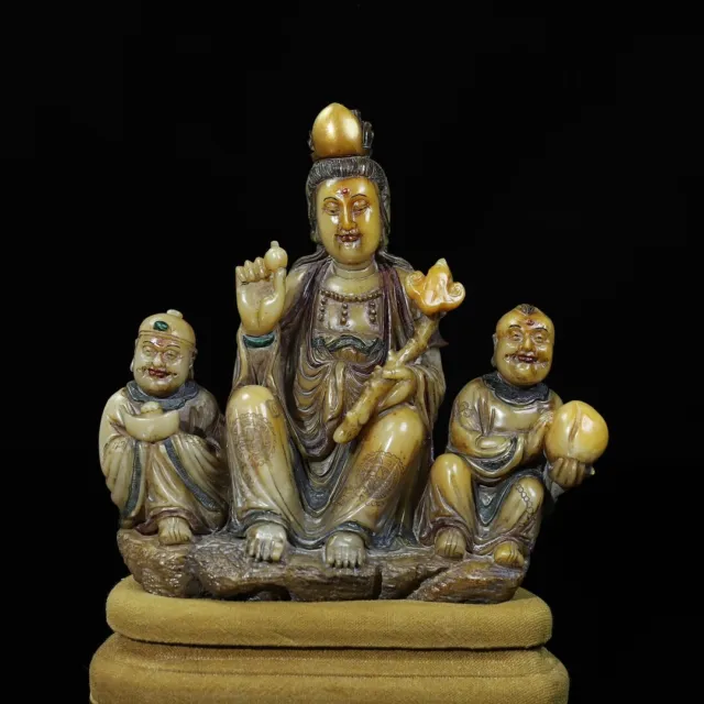 Chinese Exquisite Handmade Guanyin and Children carving Shoushan Stone Statue