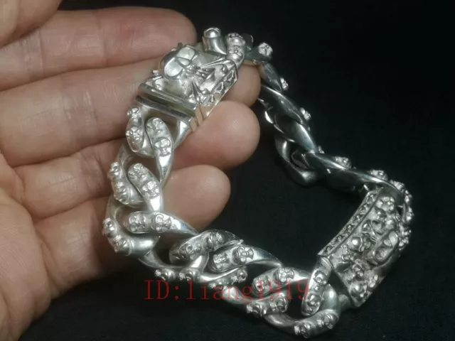 Chinese Tibet Silver Carving skull statue bracelet Decoration gift Collection