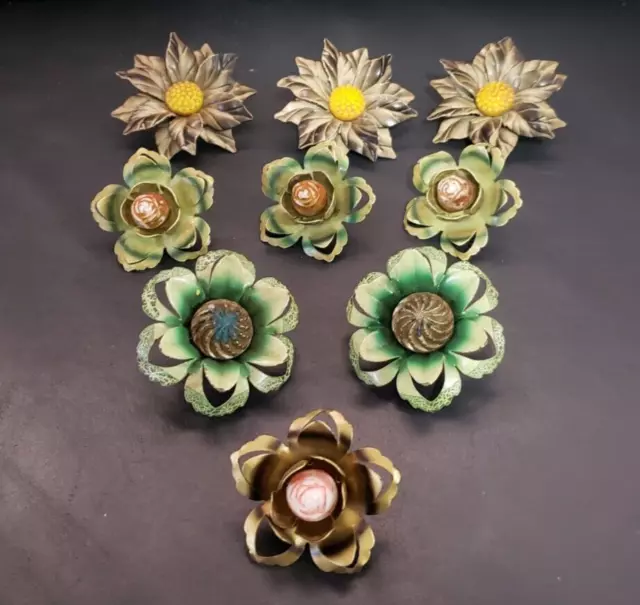 (9) Vintage 1940s Curtain Tie Back Push Pins Metal Floral