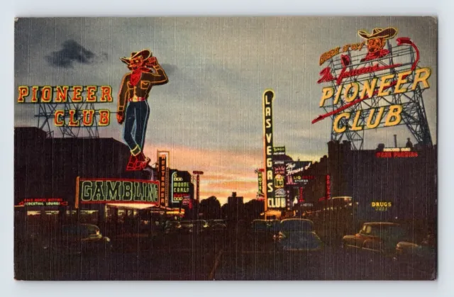 Postcard Nevada Las Vegas NV Pioneer Club Neon Sign Cowboy 1952 Posted Linen