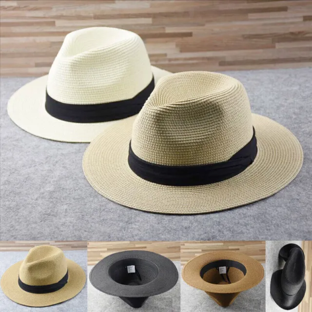 New Mens Ladies Panama Style Sun Hat Crushable Wide Brim Fedora Straw Summer