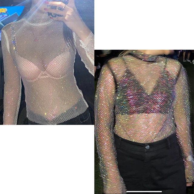 Donna Brillantini Rete Strass Velato a Top Diamante Dolcevita Camicia Camicetta