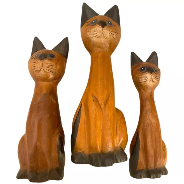 Set of 3 Vintage Hand Carved Hand Painted Wooden Folk Art Cat Figurines MCM