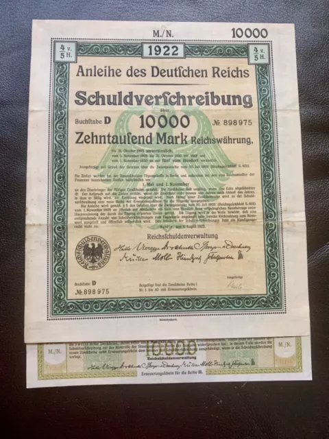 Anleihe des Deutfchen Reichs Schuldverfchreibung  10k German Mark Bond & Coupons