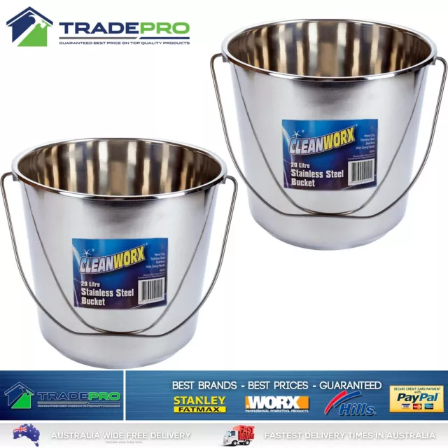 2x Stainless Steel Bucket with Handle 20Ltr HDuty Premium Quality NewModel 20L