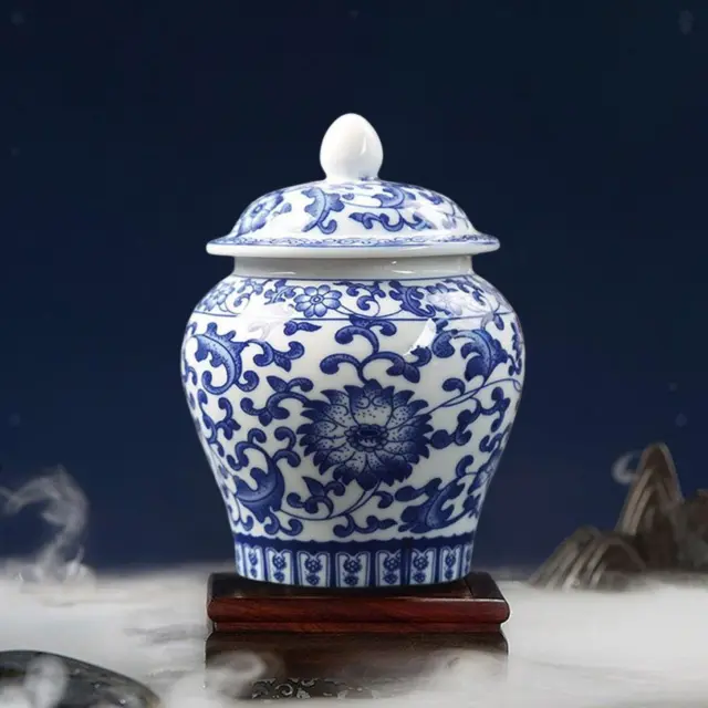 Chinese Blue and White Ceramic Glazed Temple Jar Vase with Lid Delicate
