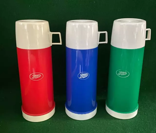 Three Vintage Retro Boots Brand Thermos Flasks ~ Red / Blue / Green