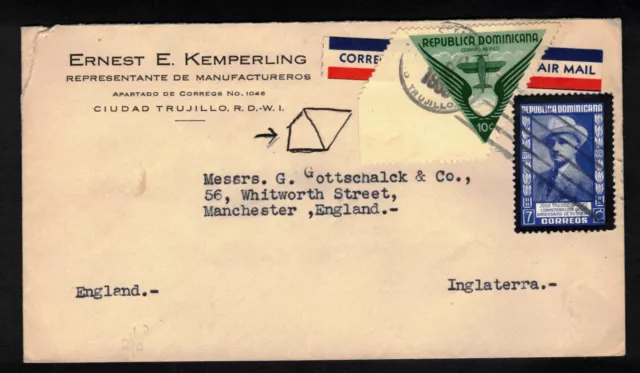 Rep. Dominicana - Trujillo a Manchester Inghilterra - marchio triangolare parzialmente dentato
