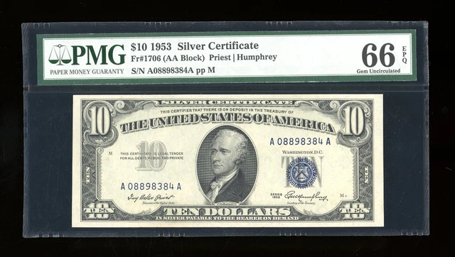 DBR 1953 $10 Silver Gem Fr. 1706 PMG 66 EPQ Serial A08898384A