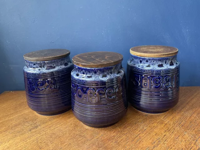 Vintage Retro Tea Coffee Sugar Studio Pottery Blue Honeycomb Jars Canisters