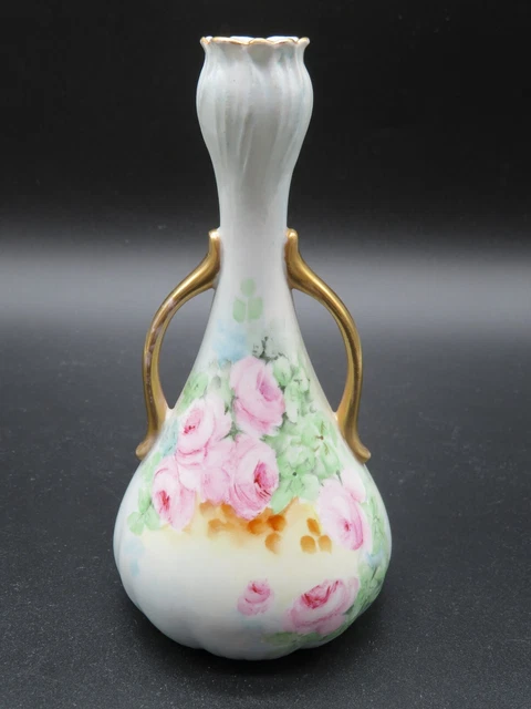 VTG JP Limoges France Bus Vase hand Painted Pink Roses Gold Gilding on handles
