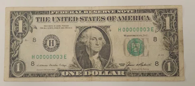 SINGLE DIGET LOW FANCY SERIAL NUMBER , ONE DOLLAR BILL, 1985 No. 00000003