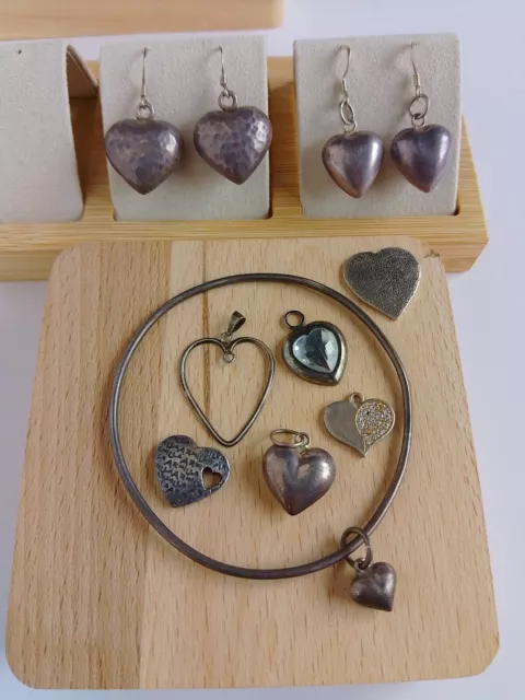 Vintage Sterling Silver 925 Hammered Puffy Heart Earrings Pendant & Bracelet Lot