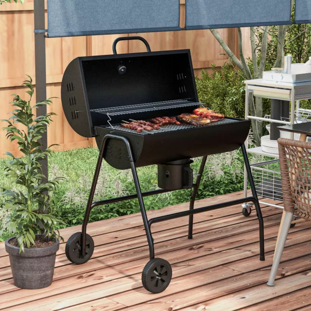 Charcoal Barbecue Grill with Wheels and Ash Catcher, Barrel BBQ Trolley Smoker