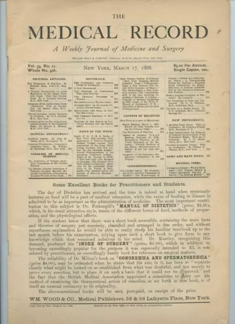 3/17 1888 New York Medical Record Journal Medicine Surgery Doctor Trade Magazine