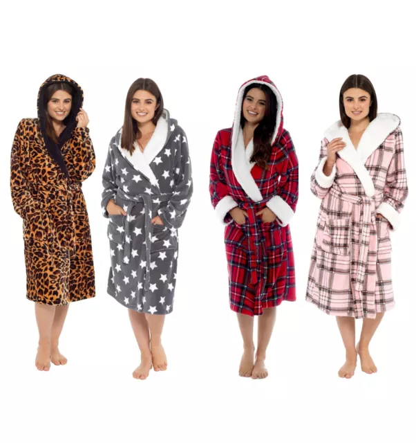 Women's Super Soft Hooded Robe Dressing Gown Bathrobe Plush Robes Warm Gowns