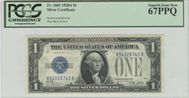 1928A $1 Silver Certificate FR#1601 PCGS 67 PPQ Superb Gem New