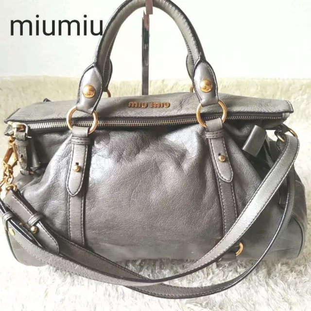 Auth Miu miu VITELLO LUX Handbag 2Way Shoulder bag #3411 Greige Leather