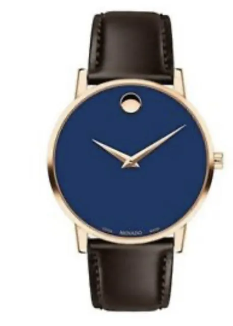 MOVADO Swiss Men's Museum Classic PVD Gold Blue Dial Brown Strap Watch 0607316