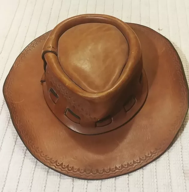 Vintage Cowboy Hat- Brown hand tooled leather-1970s/Hippie/boho