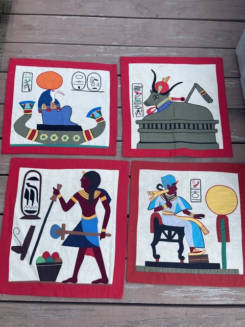 Antique/vintage Egyptian revival 4 Tapestry,hand sewn appliqué On Cotton,vibrant
