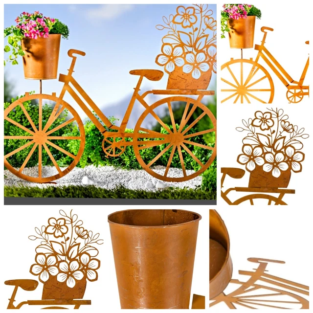 XXL GARTENSTECKER FAHRRAD mit Pflanztopf Metall Edel RostOptik Garten