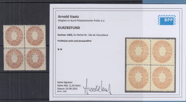 Sachsen 1863 Wappen 3 Ngr. Mi.-Nr. 18a Viererblock ** gepr. mit KB Vaatz BPP