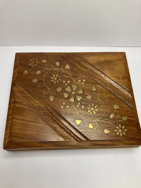 Wooden cigar jewelry trinket stash box with brass Hearts Vine flower inlay