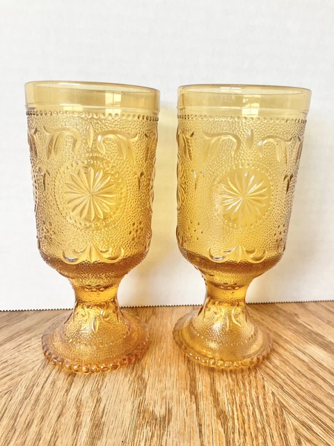 Set of 2 Vintage Brockway Glass Co American Concord Amber Footed Goblets 10 oz.