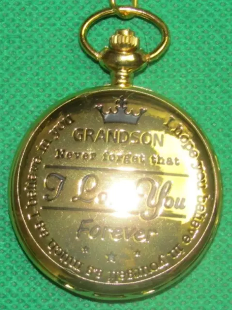 Pocket Watch "GRANDSON-I LOVE YOU FOREVER!" Gold Color, 80 cm Chain! P3612C.