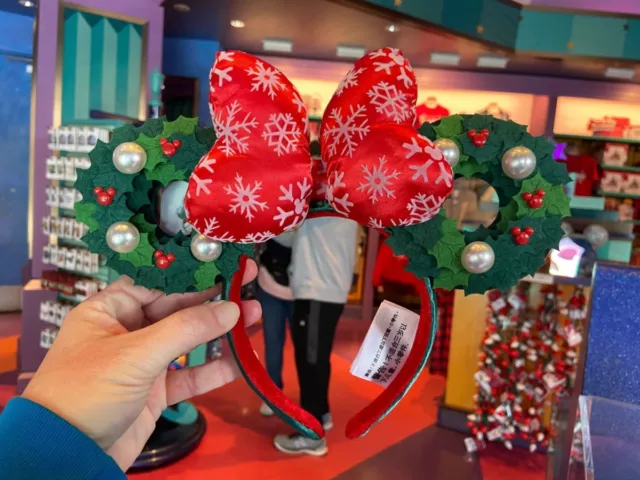 Disney Parks Christmas Holiday Wreath Bow Minnie Mouse Ears Headband NEW