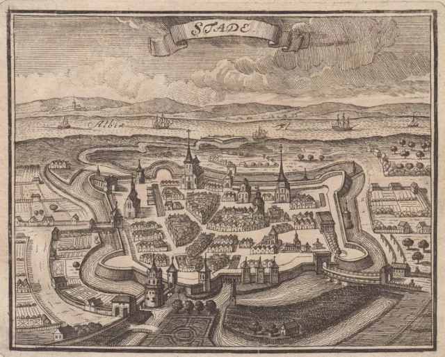 Stade Gesamtansicht Original Kupferstich Der reisende Chineser 1722