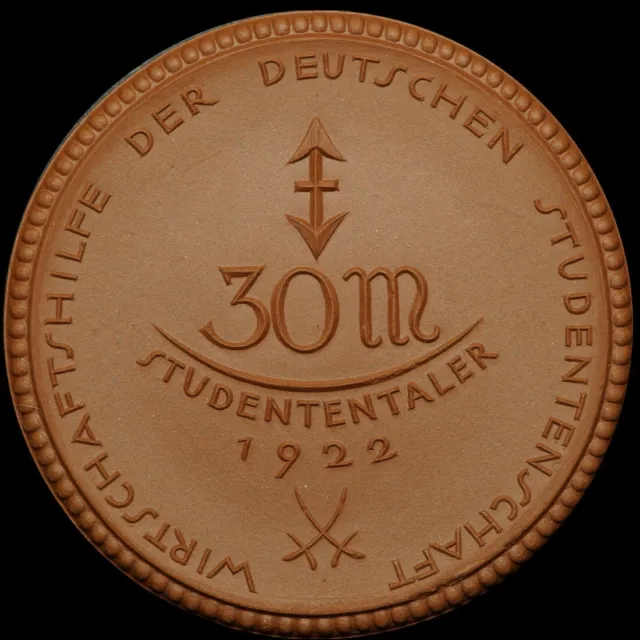 NOTGELD: 30 Mark 1922 Porzellan. STUDENTENTALER DER STUDENTENSCHAFT - STUDENTIKA