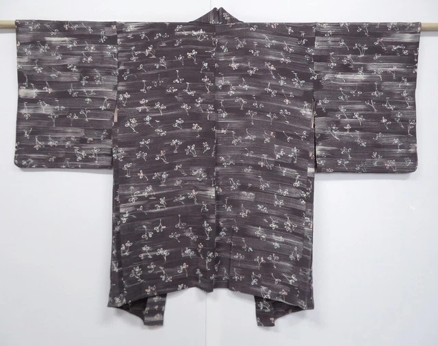 0701N01z580 Japanese Kimono Silk HAORI Dark lavender gray Plants