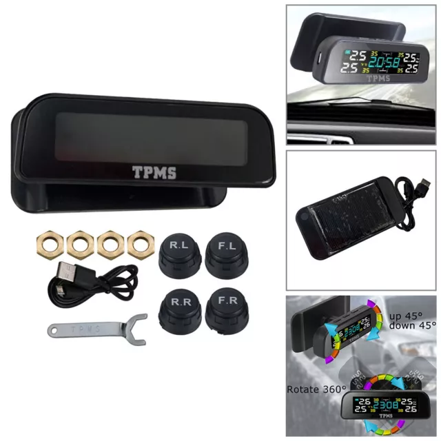 Solar USB Wireless TPMS Car Tire Tyre Pressure System Kit w/ 4 External Sensor