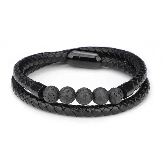 Real Leather Braided Bracelet with stone energy beads, Balinese Handmade