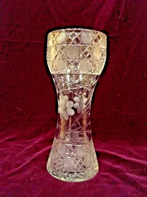 Vintage  Large Abp Cut Crystal Vase With Leaf And Floral Pattern 12"