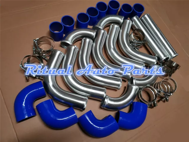 2.5" Aluminum Universal Intercooler Turbo Piping & BLUE Hose T-Clamp Kits new