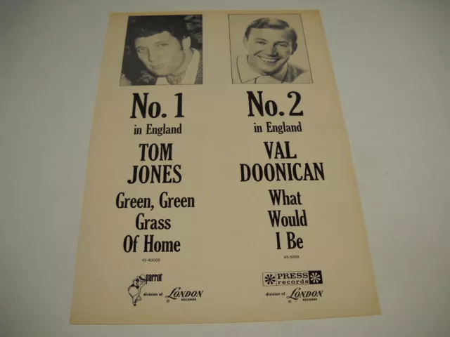 TOM JONES is #1 in England - VAL DOONICAN is #2 in England 1966 Promo Poster Ad