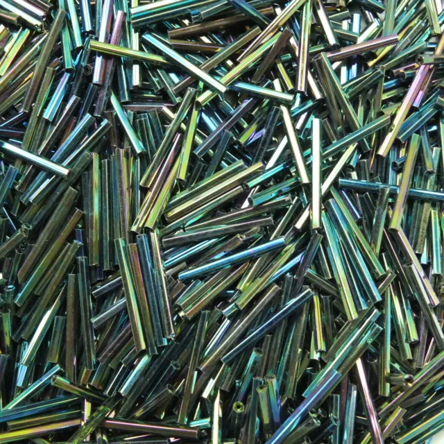 Czech Glass Bugle Beads 25mm ( 1 inch ) Metallic Green Iris