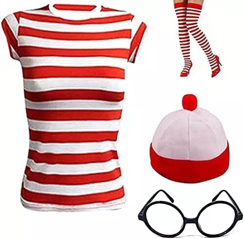 Adult Where's Wally Red & White Kit Strips Fun Stag Do Fancy Dress S-XXL