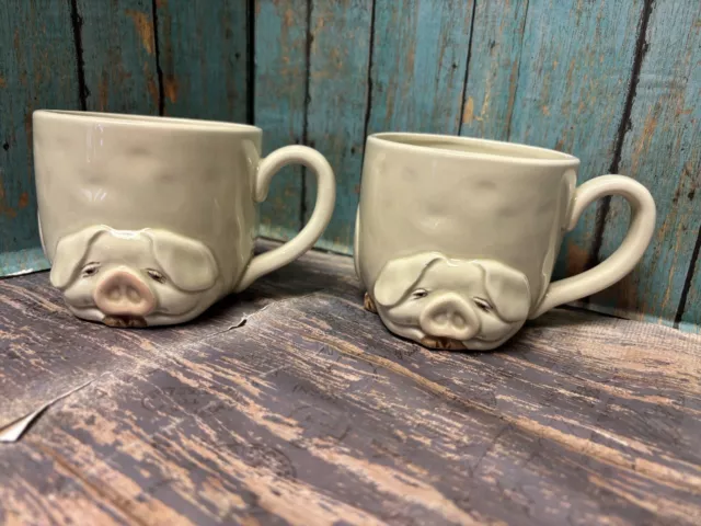 2 Fitz & Floyd Vintage Hand Painted Pig Porky Mug Ceramic 3D Tea Coffee Cup