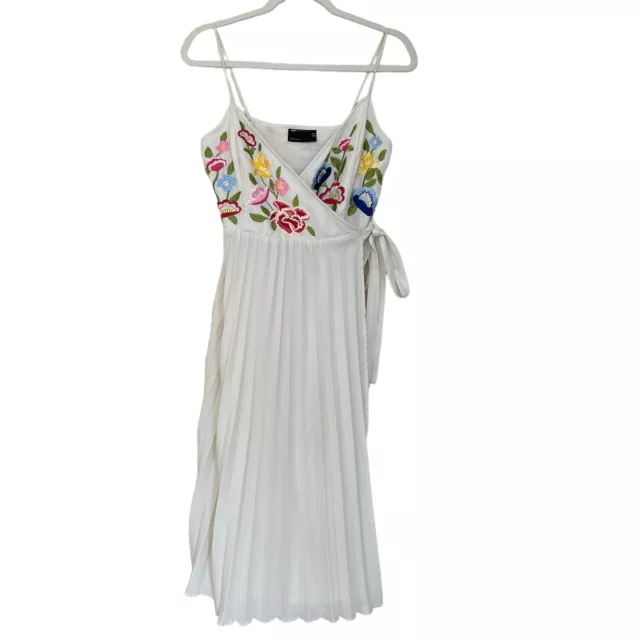 Asos Womens White Floral Embroidered Pleated Cami Wrap Midi Dress Size 4/6 UK 4