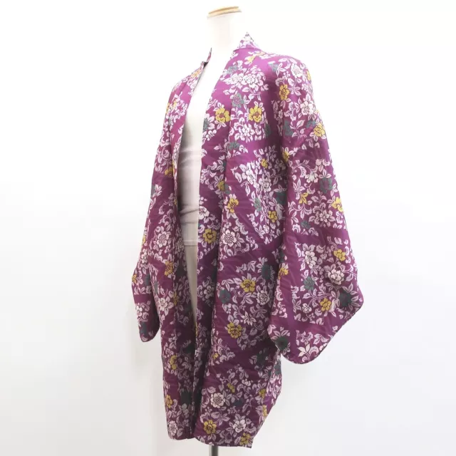 9081D2 Silk Vintage Japanese Kimono Haori Jacket Peony Rinzu Long
