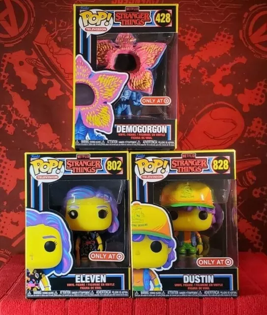 Funko Pop Stranger Things Black Light Set - Demogorgon, Eleven, Dustin + Protect