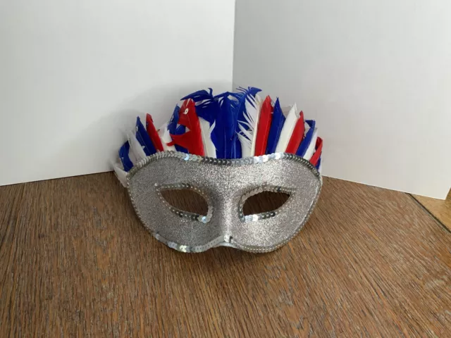 Patriotic 4th Of July Masquerade Mask Red White Blue Feathers Silver Glitter